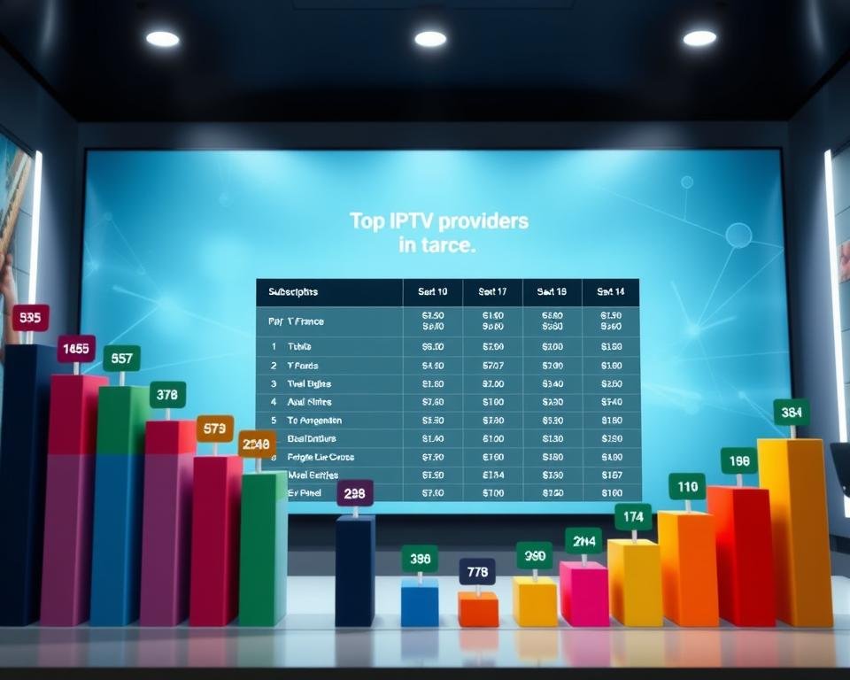 A modern, visually engaging infographic depicting a price comparison of IPTV subscriptions in France. In the foreground, display colorful bar charts and pie graphs representing various subscription options with varying prices, each labeled with icons symbolizing different TV content genres (movies, sports, series). In the middle ground, showcase a stylish table listing the top IPTV providers, highlighting their key features and prices. The background should feature a sleek, light blue digital-themed design with abstract shapes suggesting technology and connectivity. Use soft, ambient lighting to emphasize the data while creating a professional and informative atmosphere. The overall mood should convey clarity and insight, making the viewer feel informed about their IPTV budget planning.
