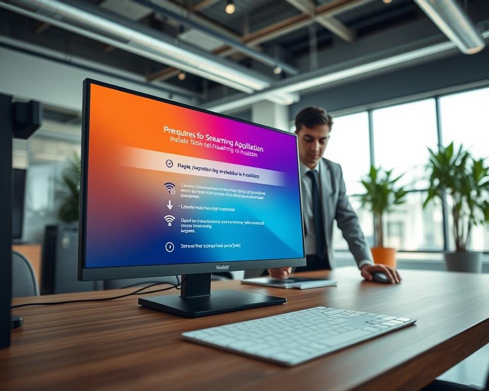 A modern workspace featuring a sleek computer desk with a high-resolution monitor displaying a vibrant interface for an application setup. In the foreground, a neatly organized checklist outlines "Prerequisites for Streaming Application Installation" with symbols like Wi-Fi signals and download arrows. The middle ground showcases a professional individual in smart casual attire, focused on the computer screen, their hand poised over the mouse. The background reveals a bright, well-lit office environment with large windows letting in natural light, potted plants adding a touch of greenery. The atmosphere is dynamic yet calm, hinting at productivity and anticipation for a seamless streaming experience. The angle is slightly elevated, providing an overview of the entire scene.