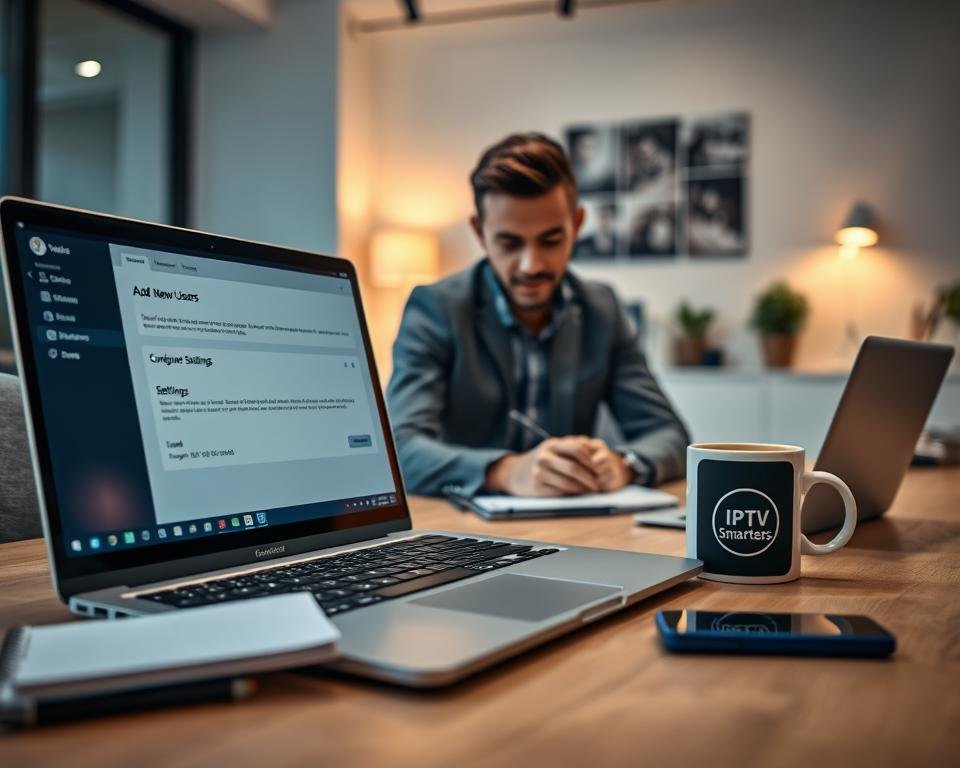 A modern workspace featuring a sleek laptop displaying the IPTV Smarters application during its initial setup process. In the foreground, focus on the laptop screen, which shows the configuration interface with settings options like "Add New User" and "Configure Settings." Surrounding the laptop are essential accessories: a notepad, a smartphone with the IPTV Smarters logo, and a cup of coffee. In the middle ground, an individual dressed in smart casual attire is attentively configuring the application, leaning slightly toward the laptop with a look of concentration. The background features a neatly arranged workspace with soft, warm lighting, creating an inviting atmosphere. The scene is viewed from a slightly elevated angle, highlighting both the laptop and the person engaged in the task, conveying professionalism and modernity.