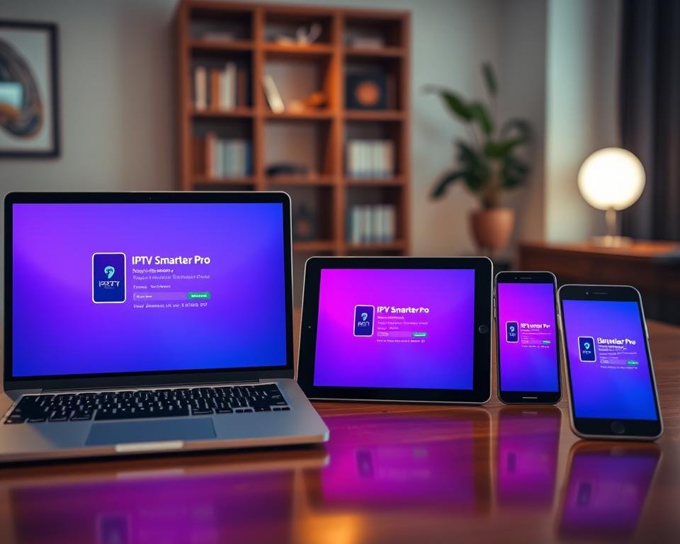 A modern workspace featuring various devices displaying the IPTV Smarter Pro application download process. In the foreground, a sleek laptop shows the app’s installation screen, accompanied by a tablet and a smartphone, both showcasing the same screen in vibrant, eye-catching colors. The middle ground captures a subtle reflection of the devices on a polished wooden desk, while a warm, soft light illuminates the scene, creating an inviting atmosphere. In the background, a blurred bookshelf and a potted plant add depth, enhancing the professional setting. The overall mood is technology-driven and focused, emphasizing the ease of downloading the application across different platforms. Use a wide-angle lens to capture the entire setup in a harmonious composition, ensuring a clean and polished look without any text or overlays.