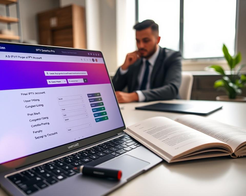 A modern workspace illustrating the configuration of an IPTV account. In the foreground, a sleek laptop displays the IPTV Smarters Pro interface, showing user-friendly account settings with vivid colors. A person in professional attire, focused and engaged, is sitting at the desk, using the laptop. In the middle ground, a notepad with detailed notes and an open guidebook on IPTV setup enhances the context. The background features a contemporary office environment with soft lighting, bringing a warm, inviting atmosphere, complemented by a window letting in natural light. The overall mood is one of productivity and clarity, making the viewer feel the essence of setting up IPTV easily and efficiently.