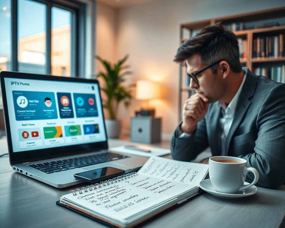 A modern workspace scene depicting essential IPTV selection criteria. In the foreground, a sleek laptop displays various IPTV platforms and features with colorful icons representing channel variety, pricing, and user reviews. A professional individual in business casual attire is reviewing the content, furrowing their brow in thoughtful consideration. The middle ground features a notepad with handwritten notes outlining key factors, surrounded by a smartphone and a cup of coffee, adding a personal touch. The background showcases a contemporary office setting, with soft ambient lighting casting a warm glow, and a bookshelf filled with tech manuals and magazines. The atmosphere is focused and analytical, evoking a sense of decision-making and research in the quest for affordable IPTV services. A modern workspace scene depicting essential IPTV selection criteria. In the foreground, a sleek laptop displays various IPTV platforms and features with colorful icons representing channel variety, pricing, and user reviews. A professional individual in business casual attire is reviewing the content, furrowing their brow in thoughtful consideration. The middle ground features a notepad with handwritten notes outlining key factors, surrounded by a smartphone and a cup of coffee, adding a personal touch. The background showcases a contemporary office setting, with soft ambient lighting casting a warm glow, and a bookshelf filled with tech manuals and magazines. The atmosphere is focused and analytical, evoking a sense of decision-making and research in the quest for affordable IPTV services.