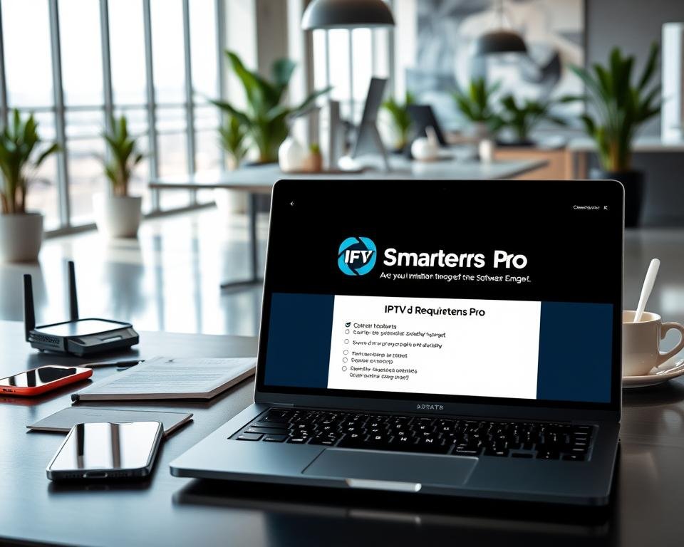 A modern workspace setup showcasing the prerequisites for installing IPTV Smarters Pro. In the foreground, a sleek laptop displaying the IPTV Smarters Pro installation interface, surrounded by essential accessories like a smartphone, tablet, and a Wi-Fi router, all reflecting a tech-savvy environment. In the middle ground, a stylish office desk adorned with notes, a checklist titled "System Requirements," and a cup of coffee. The background features a well-lit room with a contemporary design, large windows allowing natural light to flood in, and potted plants for a touch of greenery. The atmosphere is informative and focused, evoking a sense of readiness and professionalism. The image captures the essence of preparation and technology, perfect for a guide on software installation.