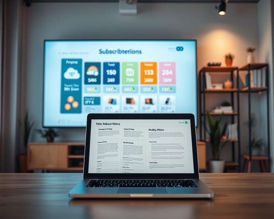 A modern workspace showcasing "television subscription plans" on a sleek digital screen prominently displayed in the foreground. The screen features visually engaging graphics that represent various subscription tiers, like icons or color-coded packages, keeping the design clean and professional. In the middle, an open laptop with sales charts and information, hinting at the quality IPTV services being offered. The background features a well-lit, contemporary office environment with minimalistic decor and soft-focus elements like shelves with tech-related books and plants, creating a warm yet professional atmosphere. Soft, diffused lighting enhances focus on the screen, with a slight angle capturing the workspace dynamic. The overall mood should convey professionalism and reliability, perfect for attracting potential customers seeking tailored subscription plans.