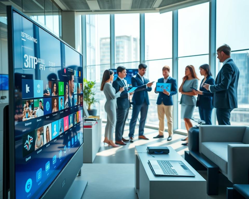A modern workspace showcasing the functioning of an IPTV service. In the foreground, a sleek, high-tech digital screen displays colorful streaming options and user-friendly interface elements. To the middle, a diverse group of professionals, dressed in business attire, are engaged in discussion, analyzing data from screens and tablets showing IPTV statistics and charts. The background features a futuristic office environment with large windows, providing natural sunlight that creates a bright and optimistic atmosphere. The scene is well-lit, emphasizing the technology's advanced nature, captured from a slightly elevated angle to provide depth. Ensure a clean, professional look with no clutter, focusing on the collaboration and technology behind IPTV services.