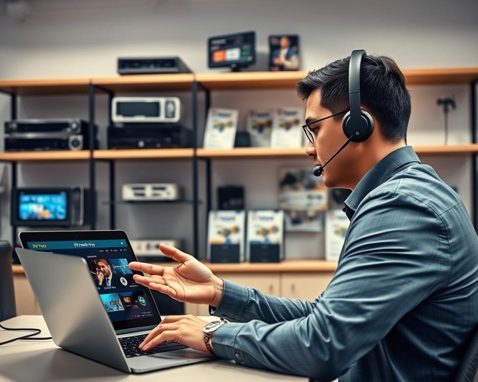 A professional IPTV support scene in a modern office environment, featuring a well-dressed technician in business attire, focused on a sleek laptop displaying the IPTV Smart Pro interface. In the foreground, the technician is engaged in a conversation, gesturing towards a digital tablet showcasing IPTV features. In the middle background, shelves lined with technical equipment, devices, and informative brochures about IPTV services create an authentic atmosphere. Soft, diffused lighting illuminates the scene, enhancing the clarity of details. The overall mood is one of professionalism and expertise, emphasizing the technical support offered for IPTV services. The angle is slightly angled from above, providing a comprehensive view of the technician's workspace and the tools used in IPTV troubleshooting.