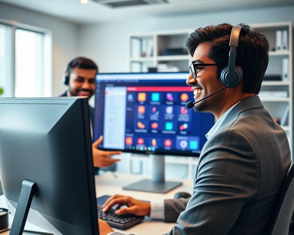 A professional and engaging tech support scene focused on IPTV Smarters Pro. In the foreground, a friendly technical support agent of South Asian descent, wearing smart business attire, is attentively assisting a customer via a computer, with a headset. The agent is depicted smiling and gesturing toward the screen, showcasing the IPTV Smarters Pro interface. In the middle, a sleek computer monitor displays the IPTV Smarters Pro dashboard clearly, with vibrant colors and user-friendly icons. The background features a modern office setting, with soft lighting and a clean design, including shelves with tech books and devices, creating an atmosphere of professionalism and expertise. The overall mood is supportive and reassuring, emphasizing helpfulness and reliability in technical support.