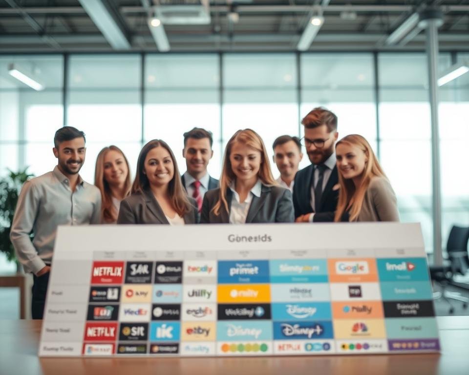 A professional and informative comparison of IPTV providers in France. In the foreground, display a well-organized table or chart with colorful icons representing different streaming services like Netflix, Amazon Prime, and Disney+. The middle layer showcases a diverse group of people dressed in smart casual business attire, analyzing the chart with expressions of focus and curiosity. In the background, a modern office setting with large windows letting in natural light, creating a bright and inviting atmosphere. Use soft lighting to highlight the individuals and the chart, and ensure a clear depth of field that emphasizes the comparison while keeping the backdrop slightly blurred. The overall mood conveys professionalism and clarity in making informed choices about IPTV services.
