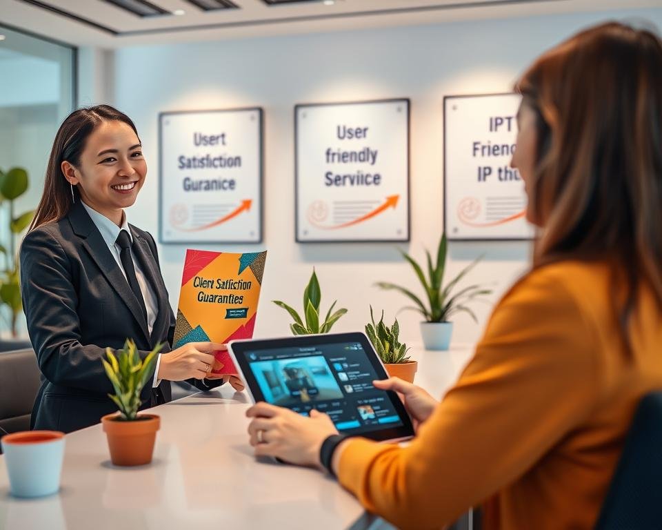A professional and inviting customer service scene depicting a friendly customer service representative in a smart business outfit, engaged in a conversation with a satisfied customer seated at a modern reception desk. In the foreground, the representative is smiling, gesturing towards a colorful brochure labeled “Client Satisfaction Guarantee.” In the middle, the desk is adorned with plants and a digital tablet displaying user-friendly IPTV interface. The background features a bright, professional office environment, with softly lit interiors and motivational posters on the walls emphasizing service excellence. The overall mood is warm and reassuring, promoting trust and satisfaction in IPTV services, captured from an eye-level angle to foster connection and engagement.