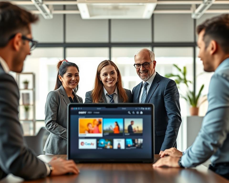 A professional and inviting digital workspace that showcases user testimonials for Smarters IPTV Pro. Foreground features diverse individuals, two to three men and women in professional business attire, engaged in a discussion around a sleek laptop displaying Smarters IPTV interface. The middle ground highlights a modern, bright office with large windows illuminating the space. Background contains blurred shelves with technology books and decorative plants, creating a vibrant yet professional atmosphere. The scene is well-lit, with natural sunlight streaming in, suggesting a positive and engaging mood. Capture the essence of collaboration and satisfaction, with expressions of enthusiasm and interest on users’ faces, emphasizing their memorable experiences with the service.