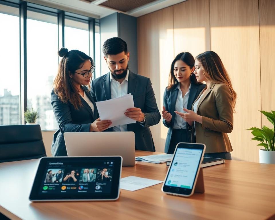 A professional and modern office scene showcasing a simple IPTV subscription process. In the foreground, a diverse group of three people dressed in smart business attire, including a man and two women, carefully reviewing an online form on a laptop together, appearing engaged and collaborative. The middle ground features a sleek, modern desk with documents, a tablet displaying streaming content options, and a smartphone displaying notifications about subscription plans. The background includes a large window allowing natural light to fill the room, casting soft shadows. The atmosphere is focused and productive, conveying a sense of ease and accessibility in the IPTV subscription process, with a warm color palette to create an inviting environment. Use a wide-angle lens to capture the entire scene clearly.