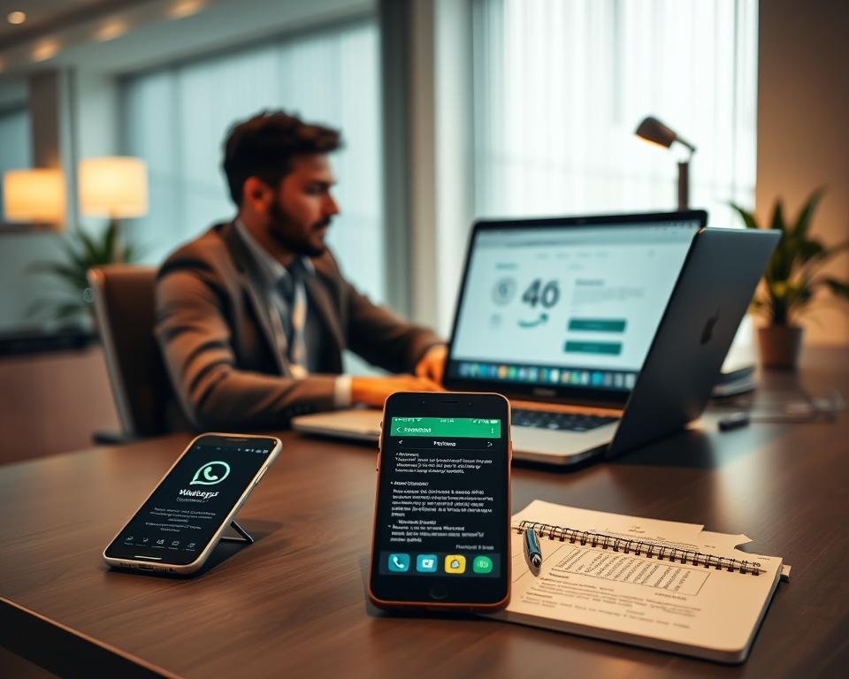 A professional and modern workspace depicting the process of purchasing an IPTV Smarters code. In the foreground, a person in business casual attire is sitting at a sleek desk, focused on a laptop with a webpage open illustrating the IPTV Smarters purchase process. In the middle, items like a smartphone displaying WhatsApp messages and a notepad with instructions are present, showing a blend of technology and organization. The background features a well-lit office setting, with a soft glow from a desk lamp and a plant for a touch of freshness. The overall mood is informative and engaging, with a clear emphasis on the buying process and digital tools. Soft, warm lighting enhances a professional yet inviting atmosphere.
