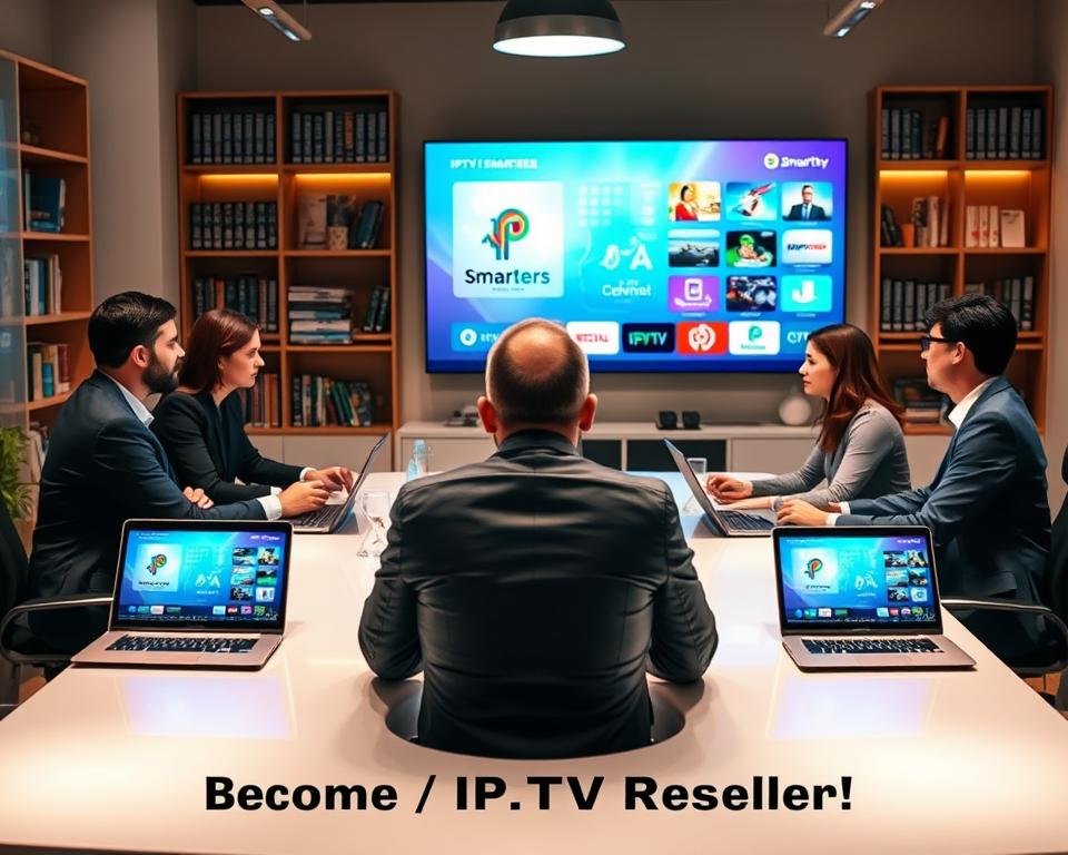 A professional and modern workspace focused on IPTV services. In the foreground, a diverse group of three professionals in business attire engaging in a discussion around a sleek conference table with laptops and digital devices displaying IPTV Smarters interface. The middle ground features a large screen showing a vibrant and user-friendly IPTV platform interface, demonstrating various channels and features. In the background, shelves are lined with technology books and IPTV promotional materials, with warm lighting creating an inviting atmosphere. The scene conveys a sense of collaboration, innovation, and business potential, highlighting the theme of becoming an IPTV reseller in a dynamic digital age.
