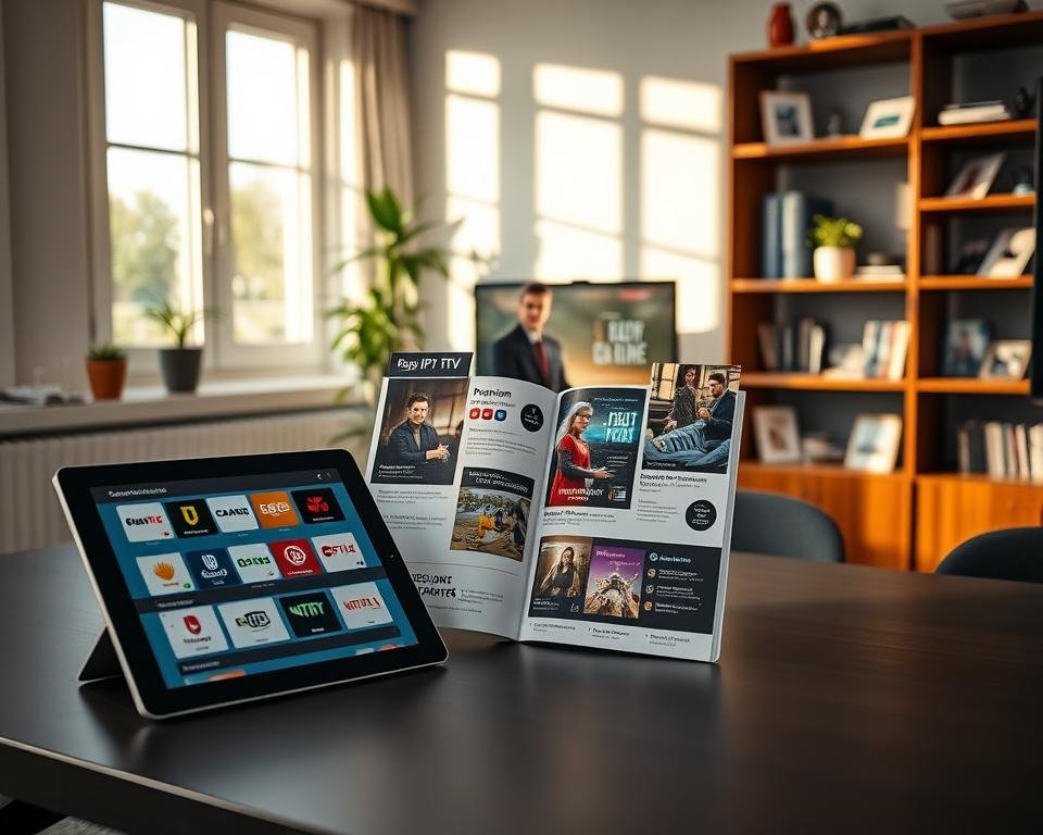 A professional and modern workspace showcasing a range of IPTV subscription offers. In the foreground, a sleek desk displays a tablet and laptop with IPTV applications open, highlighting subscription options. The middle layer features an open brochure with vibrant graphics illustrating various subscription packages, such as premium channels and sports bundles. Soft, natural lighting enters through a nearby window, casting gentle shadows and creating a warm atmosphere. The background includes a stylish bookshelf filled with tech magazines and family photo frames, enhancing the inviting ambiance. The overall mood is informative and engaging, aimed at potential customers considering IPTV services in France.