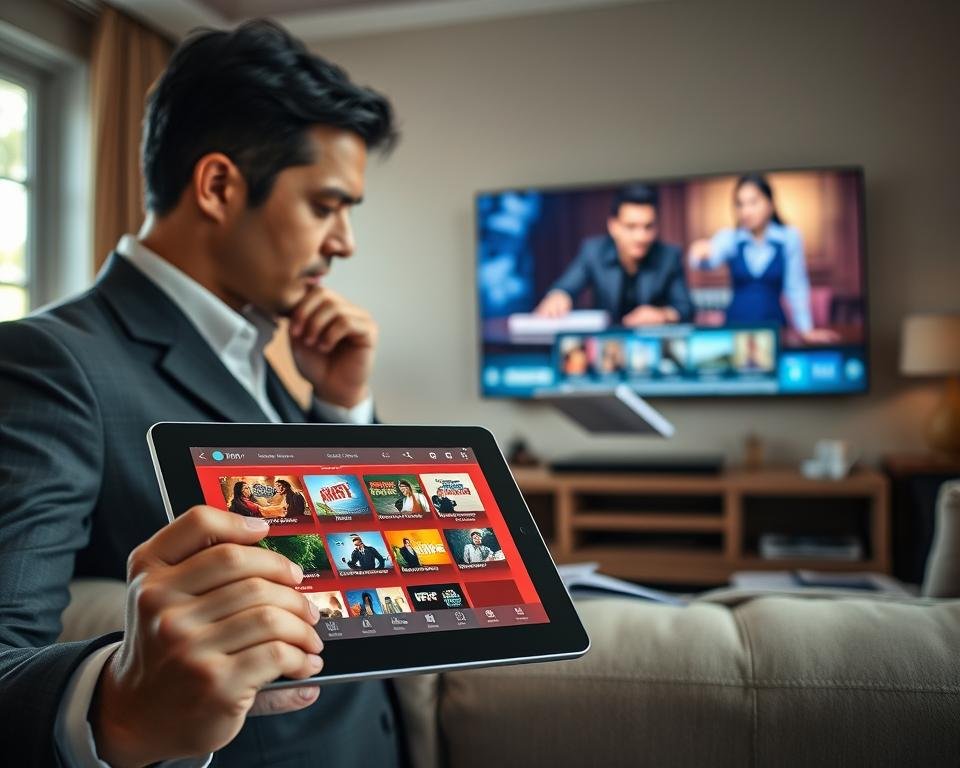 A professional and visually engaging composition depicting the concept of "Quality IPTV Streaming Criteria." In the foreground, a sleek, modern tablet displays a vibrant interface of IPTV services, showcasing various channels and programs. In the middle ground, a well-dressed professional, in business attire, thoughtfully evaluates the tablet, with a notepad and pen in hand, indicating a serious assessment process. The background features a cozy living room setting with a large screen displaying high-definition streaming of a popular movie. Soft, natural lighting from a nearby window creates a warm, inviting atmosphere, while the lens angle captures both the tablet in detail and the professional's focused expression. The overall mood should convey a sense of informed decision-making and satisfaction in quality streaming choices.