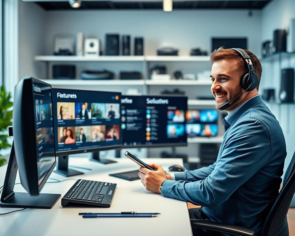 A professional and welcoming customer support scene for IPTV Smarters. In the foreground, a friendly support agent in business attire sits at a modern desk, attentively speaking on the phone and taking notes on a tablet. In the middle, display a sleek, high-tech computer setup with IPTV Smarters interface visible on the screen, showcasing channel options and features. In the background, soft-focus shelves lined with tech gadgets and troubleshooting guides convey a tech-centric environment. The lighting is bright and inviting, with soft white tones highlighting the professionalism of the space. The mood conveys reliability and expertise, emphasizing a commitment to customer care and technical support.