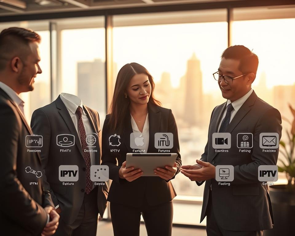 A professional business setting focused on selecting IPTV subscription options. In the foreground, a diverse group of three individuals in business attire — one Caucasian male, one Black female, and one Asian male — are engaged in a discussion while examining a tablet displaying IPTV features and pricing. The middle ground features various IPTV service logos and icons, artistically arranged to symbolize choices. The background should consist of a modern office environment with a large window showcasing a bright city skyline, letting in soft, natural light. The atmosphere is collaborative and focused, reflecting the importance of informed decision-making in purchasing affordable IPTV subscriptions. Use a warm color palette and a slight depth of field to emphasize the conversation while softly blurring the background.