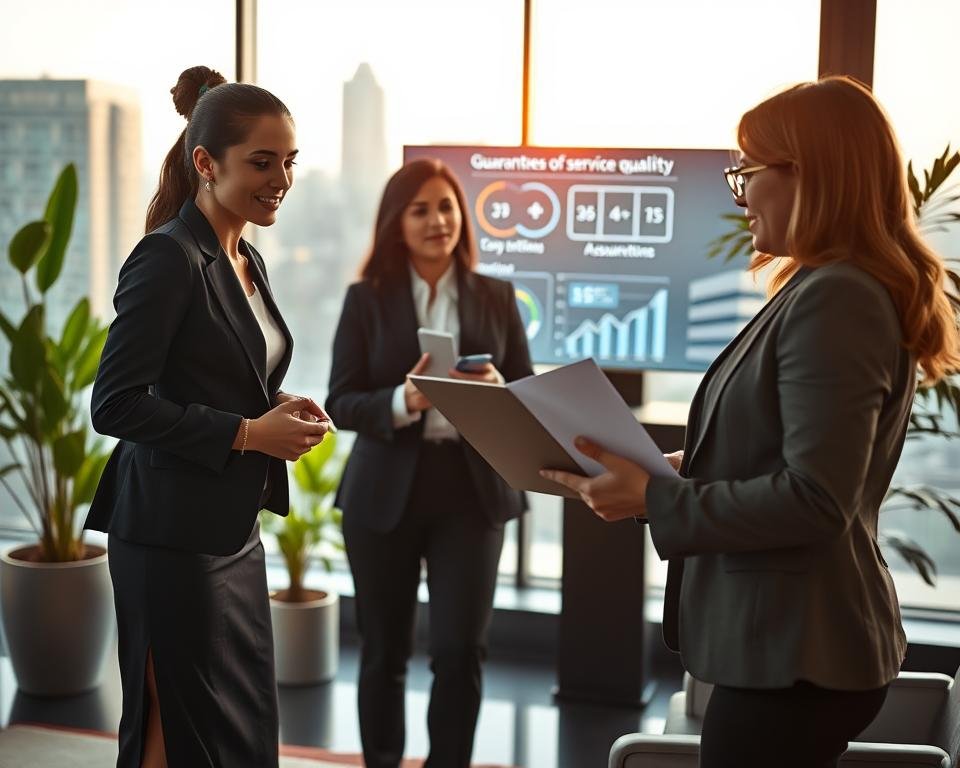 A professional business setting illustrating "guarantees of service quality" for an IPTV subscription service. In the foreground, a confident businesswoman dressed in smart professional attire, engaged in a discussion with a colleague, both animatedly sharing ideas and graphs on a sleek laptop. In the middle ground, a stylish office environment featuring a large window with natural light streaming in, displaying a cityscape. Elegant plants add a touch of greenery, and a digital screen highlights key metrics symbolizing quality assurances in IPTV. The background should have a subtle blur to focus on the professionals, with warm lighting creating an inviting atmosphere, suggesting innovation and trust. The overall mood is optimistic and forward-thinking.