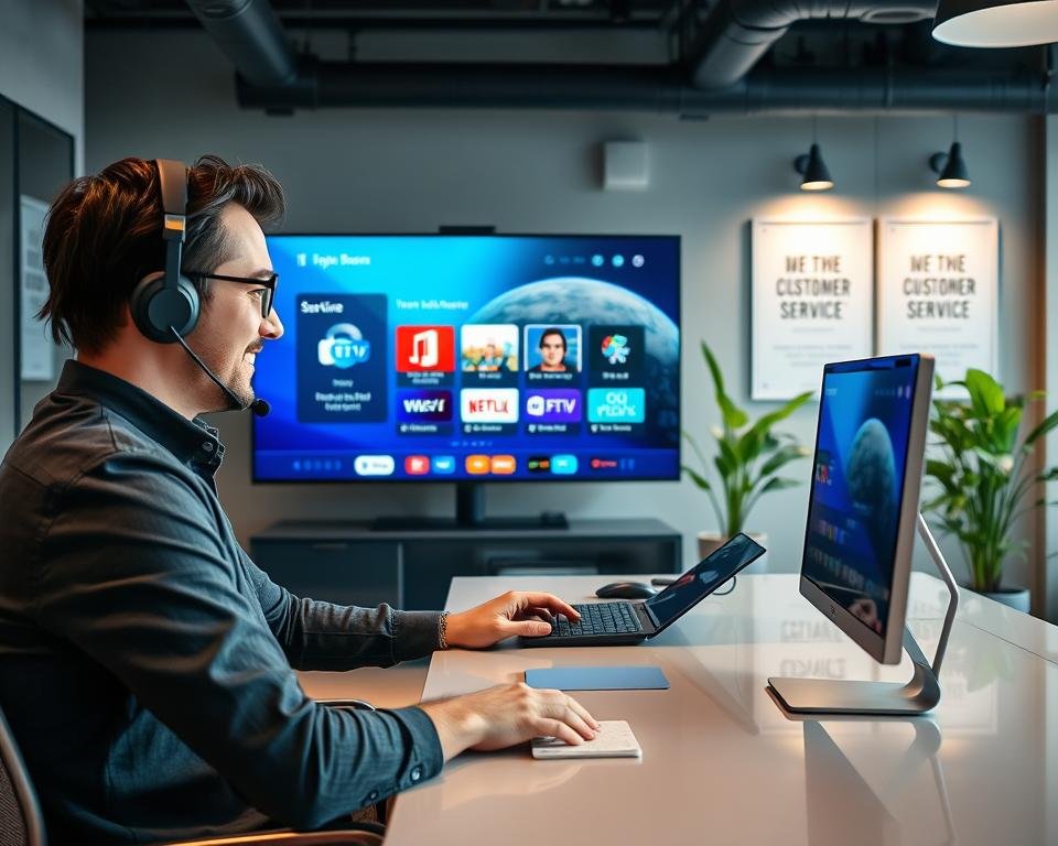 A professional customer support representative sitting at a sleek, modern desk in a well-lit office environment, wearing smart casual clothing. The foreground showcases the representative engaging with customers via a headset and computer, displaying a friendly demeanor. In the middle ground, a large monitor shows an IPTV service interface with colorful graphics indicating availability and streaming options. The background features a contemporary office setting with motivational posters about customer service on the walls and a lush indoor plant adding a touch of freshness. Soft, warm lighting enhances the welcoming atmosphere, and the lens captures the scene with a slightly blurred depth of field to emphasize the support representative's intent focus. A professional customer support representative sitting at a sleek, modern desk in a well-lit office environment, wearing smart casual clothing. The foreground showcases the representative engaging with customers via a headset and computer, displaying a friendly demeanor. In the middle ground, a large monitor shows an IPTV service interface with colorful graphics indicating availability and streaming options. The background features a contemporary office setting with motivational posters about customer service on the walls and a lush indoor plant adding a touch of freshness. Soft, warm lighting enhances the welcoming atmosphere, and the lens captures the scene with a slightly blurred depth of field to emphasize the support representative's intent focus.