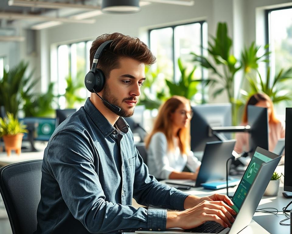A professional customer support scene featuring a diverse group of technicians providing assistance via WhatsApp. In the foreground, a well-dressed technician, wearing a headset, is engaged in a conversation on a laptop with a WhatsApp interface visible. The middle ground showcases a modern workspace with multiple screens displaying technical support information and chat windows. In the background, a bright, open office filled with plants and contemporary decor creates a welcoming atmosphere. Natural sunlight streams through large windows, casting soft shadows. The mood is focused yet friendly, conveying a sense of urgency and professionalism in tech support.