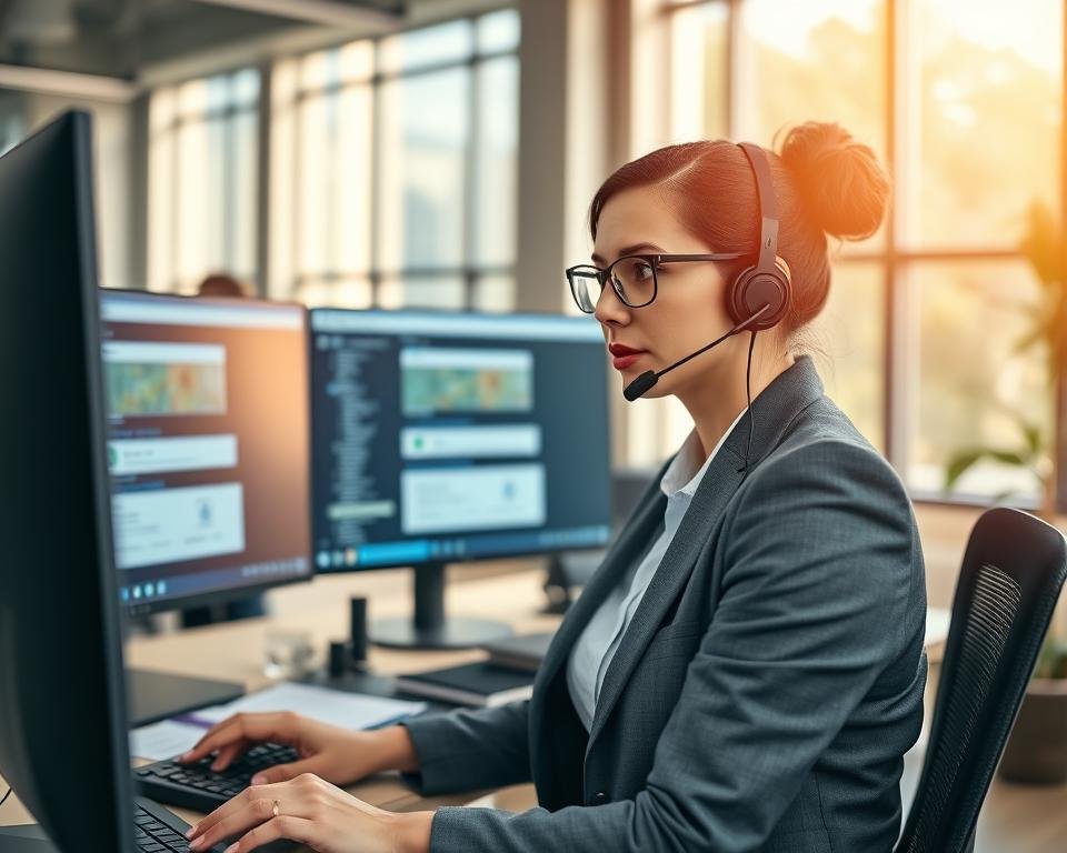 A professional customer support scene for technical assistance in a modern office setting. In the foreground, a focused customer service representative, a woman in smart business attire, wearing a headset, is engaging with a client via a computer, displaying empathy and expertise. In the middle ground, show a neatly arranged desk with multiple monitors displaying IPTV service interfaces, support chat windows, and documentation. The background includes a large window with natural light pouring in, creating a bright and inviting atmosphere. Use soft, warm lighting to enhance a supportive and professional mood, and capture the scene from a slightly elevated angle to convey depth, emphasizing the collaborative environment of customer support.