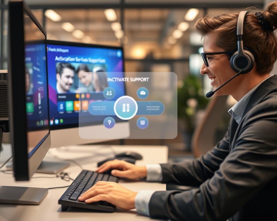 A professional customer support scene illustrating "Premium Client Activation Support." In the foreground, a friendly customer service representative, dressed in business attire, speaks on a headset while attentively typing on a computer keyboard. Their workspace is organized, with a high-resolution monitor displaying a vibrant IPTV application interface. In the middle ground, an infographic summarizing the activation process subtly glows on another screen. The background features a modern office setting, with soft, warm lighting that creates an inviting atmosphere and enhances the professionalism of the scene. The overall mood is supportive and efficient, reflecting prompt assistance and high-quality service. Use a shallow depth of field to focus on the representative, capturing their dedication to client satisfaction.