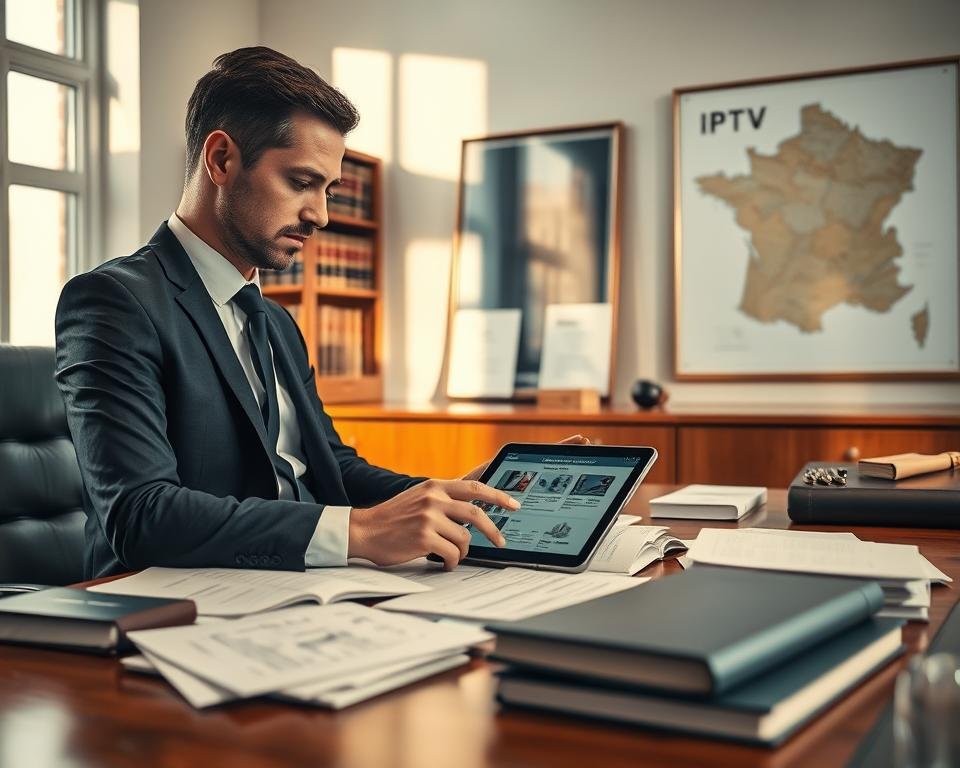 A professional lawyer's office interior featuring a wooden desk cluttered with legal documents related to IPTV regulations in France. In the foreground, a focused lawyer in a smart business suit examines a tablet displaying streaming data, showcasing IPTV service guidelines. The middle ground displays a bookshelf filled with law books and a framed map of France highlighting regions with notable IPTV laws. The background features a large window with soft afternoon light streaming in, casting gentle shadows across the room. An air of seriousness and professionalism permeates the atmosphere, indicative of legal discussions. The overall composition uses a balanced angle to create depth, emphasizing the importance of understanding the legal aspects of IPTV in France.