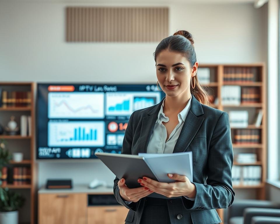 A professional-looking office environment showcasing the concept of IPTV security and legality. In the foreground, a confident businesswoman in a smart suit is reviewing documents on a tablet, symbolizing compliance and analytical thinking. In the middle ground, a large monitor displays graphs and charts related to IPTV regulations, conveying technical sophistication. The background includes bookshelves filled with legal texts and technology manuals, emphasizing reliability and knowledge. Soft, natural lighting from a large window creates a warm, inviting atmosphere, while a slight focus blur on the background adds depth to the scene. The overall mood conveys professionalism, trust, and a commitment to quality in the IPTV industry.