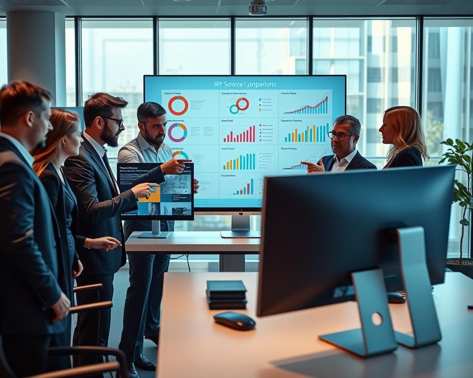 A professional, modern workspace featuring a sleek computer desk with dual monitors displaying charts and data on IPTV service comparisons, emphasizing technical metrics. In the foreground, a diverse group of business professionals in smart attire—both men and women—collaborate, pointing at the screens while discussing. The middle layer showcases a large, transparent screen highlighting key aspects like speed, reliability, and customer satisfaction of various IPTV services, visually appealing with colorful graphs. The background shows a contemporary office setting with large windows, allowing natural light to filter in, creating a bright and positive atmosphere. The image should evoke a sense of teamwork and professionalism, highlighting the methodology used for IPTV service evaluation. A professional, modern workspace featuring a sleek computer desk with dual monitors displaying charts and data on IPTV service comparisons, emphasizing technical metrics. In the foreground, a diverse group of business professionals in smart attire—both men and women—collaborate, pointing at the screens while discussing. The middle layer showcases a large, transparent screen highlighting key aspects like speed, reliability, and customer satisfaction of various IPTV services, visually appealing with colorful graphs. The background shows a contemporary office setting with large windows, allowing natural light to filter in, creating a bright and positive atmosphere. The image should evoke a sense of teamwork and professionalism, highlighting the methodology used for IPTV service evaluation.