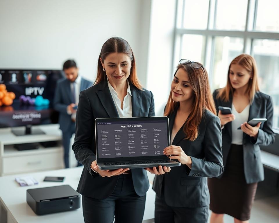 A professional office environment featuring three diverse business professionals discussing legal IPTV service providers in France. In the foreground, a woman in a smart business suit showcases a laptop displaying IPTV plans and offers. To the left, a man in business attire points at a chart on a tablet, while on the right, another woman takes notes on a notepad, all engaged in a focused conversation. The middle ground features various devices like a smart TV, tablet, and smartphone, emphasizing the modern digital landscape. The background includes a bright, well-lit office with large windows, giving a sense of professionalism and clarity. The mood is collaborative and informative, with natural lighting illuminating the scene, creating a sense of trust and reliability.