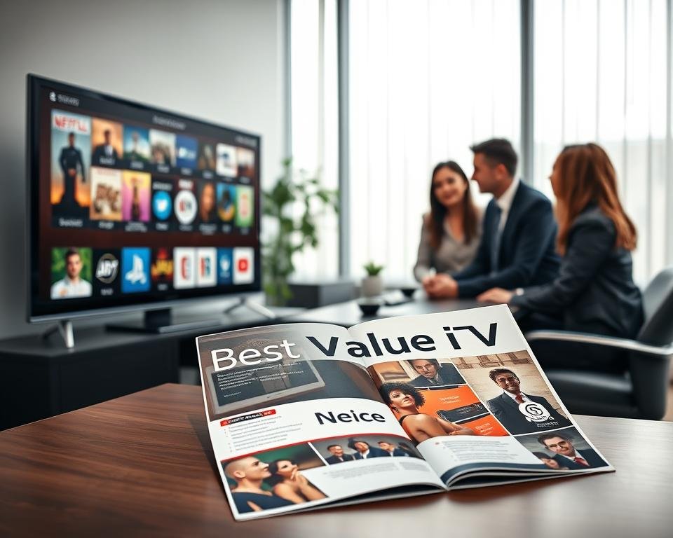 A professional office setting focusing on the concept of affordable IPTV services, displayed prominently in the foreground. Feature a sleek, modern TV screen showcasing various IPTV channels in vibrant colors, symbolizing quality and diversity. Include a group of three diverse individuals in business attire engaged in a discussion around a table, analyzing IPTV subscription options, exuding cooperation and satisfaction. In the middle ground, an elegantly designed brochure lays open, highlighting "Best Value IPTV" with eye-catching graphics. In the background, soft natural lighting filters through a large window, creating an inviting atmosphere. The overall mood is professional yet approachable, emphasizing an unbeatable price-to-quality ratio in IPTV services. A professional office setting focusing on the concept of affordable IPTV services, displayed prominently in the foreground. Feature a sleek, modern TV screen showcasing various IPTV channels in vibrant colors, symbolizing quality and diversity. Include a group of three diverse individuals in business attire engaged in a discussion around a table, analyzing IPTV subscription options, exuding cooperation and satisfaction. In the middle ground, an elegantly designed brochure lays open, highlighting "Best Value IPTV" with eye-catching graphics. In the background, soft natural lighting filters through a large window, creating an inviting atmosphere. The overall mood is professional yet approachable, emphasizing an unbeatable price-to-quality ratio in IPTV services.