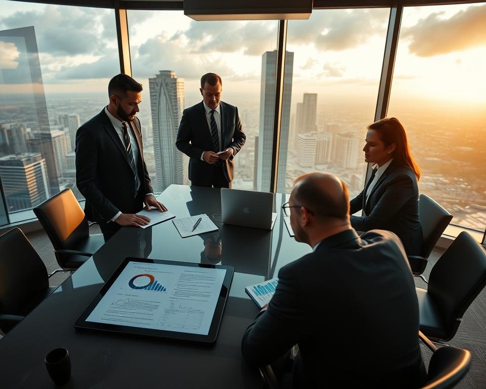 A professional office setting that emphasizes legal security in the IPTV industry. In the foreground, a diverse group of three professionals in business attire are engaged in a discussion around a digital tablet displaying legal documents and data analytics. The middle features a sleek conference table with a laptop, notepads, and IPV logo prominently visible. In the background, a large window overlooks a modern cityscape with clouds reflecting the afternoon sun, casting soft, warm light into the room. The atmosphere is serious yet collaborative, suggesting a focus on legal compliance and security. Use a high-angle perspective to capture the dynamics of the meeting. The overall mood conveys professionalism, trust, and innovation in the IPTV sector. A professional office setting that emphasizes legal security in the IPTV industry. In the foreground, a diverse group of three professionals in business attire are engaged in a discussion around a digital tablet displaying legal documents and data analytics. The middle features a sleek conference table with a laptop, notepads, and IPV logo prominently visible. In the background, a large window overlooks a modern cityscape with clouds reflecting the afternoon sun, casting soft, warm light into the room. The atmosphere is serious yet collaborative, suggesting a focus on legal compliance and security. Use a high-angle perspective to capture the dynamics of the meeting. The overall mood conveys professionalism, trust, and innovation in the IPTV sector.