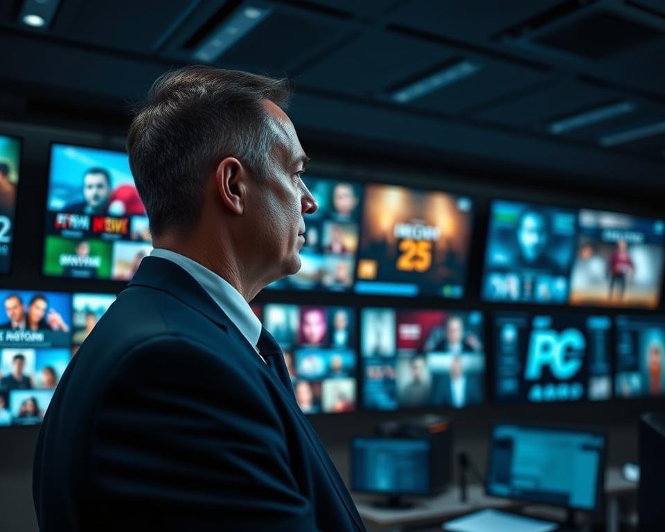 A professional security officer monitors multiple screens displaying various streaming services, emphasizing guarantees and safety in the digital age. The foreground highlights the officer, a middle-aged man in a crisp suit, focused and engaged. In the middle, the screens show vibrant visuals of various content categories available via IPTV, subtly indicating streaming without overt references. The background features a modern, high-tech control room with dim but focused lighting, enhancing the atmosphere of vigilance and security. Soft blue and green hues give the scene a sense of technology and trust. The overall mood is one of professionalism, safety, and assurance, underscoring the themes of guarantee and security in a premium streaming service.