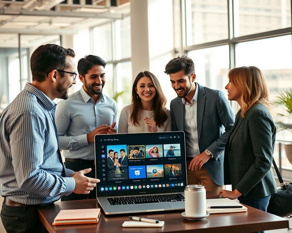 A professional setting depicting a group of diverse individuals engaged in a discussion about their experiences using a high-quality streaming application. In the foreground, show three people (two men and one woman) in business casual attire, animatedly sharing their thoughts, with expressions of satisfaction and engagement. In the middle ground, have a sleek laptop displaying the IPTV Pro interface, surrounded by casual accessories like coffee cups and notebooks, suggesting a collaborative atmosphere. The background features a modern office space with large windows allowing natural light to pour in, casting soft shadows, enhancing a warm and inviting mood. Use a slight high-angle perspective to capture their interactions comprehensively, focusing on their body language and the screen in a bright, well-lit environment.