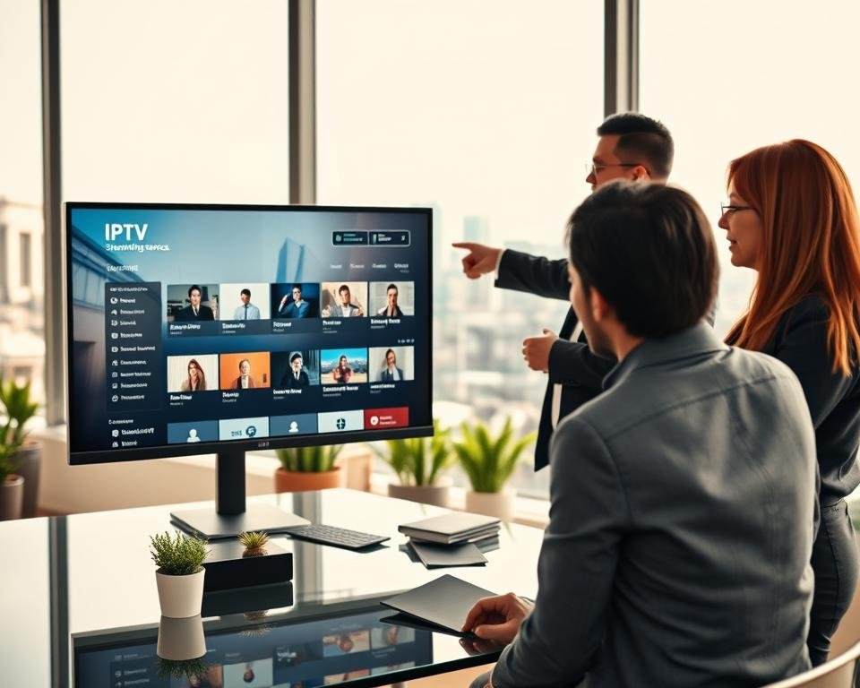 A professional setting featuring a modern office space, focusing on a sleek computer monitor displaying the concept of IPTV streaming services, with a dynamic interface showcasing legal content listings. In the foreground, a diverse team of three professionals in smart business attire are engaged in a discussion, pointing at the screen, reflecting curiosity and concern about legality. The middle ground includes contemporary office elements like a glass meeting table and potted plants, while the background shows a large window with a cityscape view under a bright, natural light. The atmosphere is serious yet collaborative, emphasizing the importance of legal aspects in technology. Shot from a slightly elevated angle to capture the team's dynamics and the digital content on the monitor effectively.