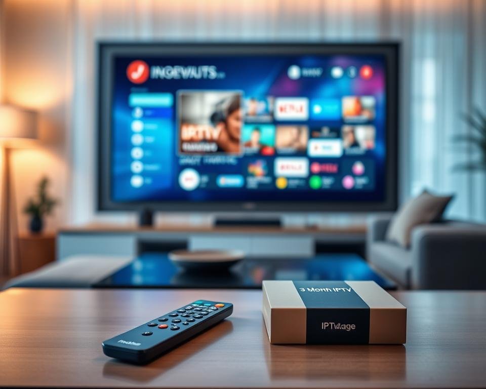 A professional setting featuring a sleek, modern living room with a large flat-screen TV displaying a vibrant IPTV interface. In the foreground, a stylish coffee table holds a remote control and a small, elegant subscription box labeled "3 Month IPTV Package." The middle ground showcases a cozy sofa, adorned with plush cushions, inviting relaxation. The background reveals a soft, ambient light filtering through sheer curtains, creating a warm and inviting atmosphere. A subtle focal blur draws attention to the TV screen, emphasizing high-definition streaming quality. The composition captures a sense of luxury and comfort, highlighting the appeal of a three-month IPTV subscription for enjoying cutting-edge 4K content at home.