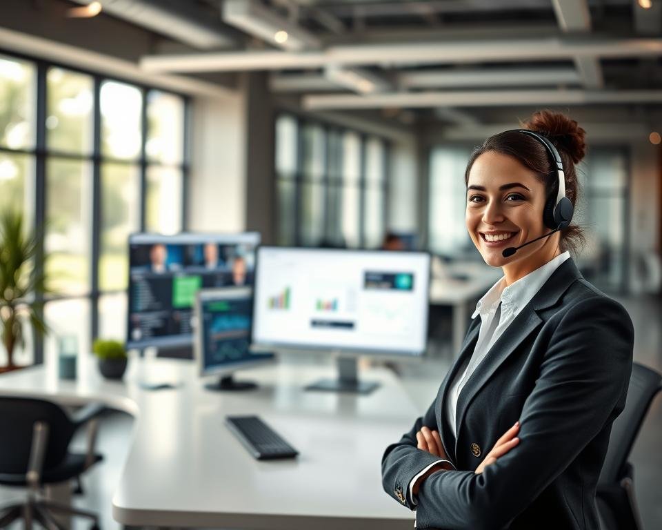A professional support client premium scene set in a modern office environment. In the foreground, a friendly customer service representative, dressed in business attire with a headset, exudes professionalism and approachability. In the middle ground, a sleek white desk with a high-end computer displaying IPTV-related software interfaces. Two large monitors show network analytics and customer service platforms. The background features a blurred view of a contemporary office, with soft lighting emphasizing a calm and focused atmosphere. Natural light streams through large windows, creating a welcoming vibe. The overall mood conveys efficiency and a commitment to high-quality technical support, reflecting a premium service experience.