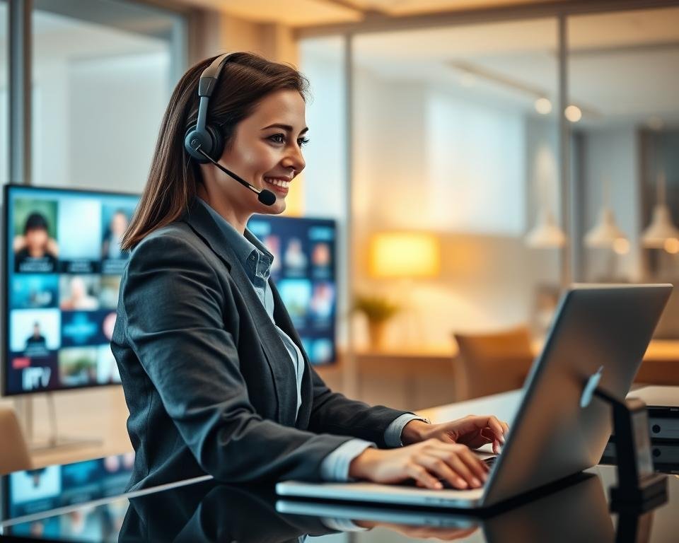 A professional support client representing an IPTV service, sitting at a modern desk with a laptop open, focused on providing assistance. The foreground features a friendly customer service representative wearing business attire, engaged in a conversation via a headset. In the middle ground, a digital display shows various IPTV channel options. The background is softly blurred, depicting a contemporary office setting with soft lighting, accentuating a warm, inviting atmosphere. The scene is captured from a slight angle to create depth, using soft focus on the background and clear detail on the representative. The mood is supportive and efficient, conveying trust and professionalism in customer service.