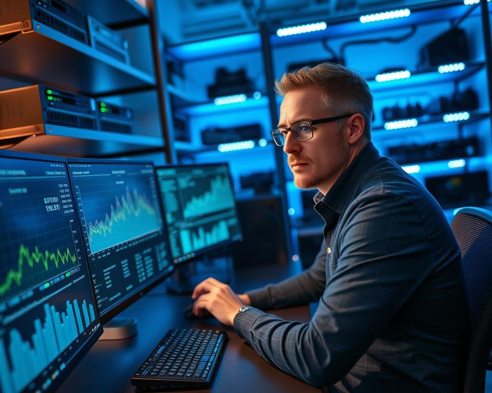 A professional technician sitting at a modern workstation, focused on analyzing IPTV streaming data displayed on multiple high-resolution monitors. The foreground features intricate graphs and charts illustrating bandwidth usage and streaming quality metrics. In the middle ground, the technician, dressed in smart casual attire, is engaged in adjusting settings, with soft blue lighting reflecting on their focused expression. The background includes shelves filled with networking equipment and a soft glow from LED lights, creating a tech-savvy atmosphere. The overall mood is one of concentration and innovation, showcasing the essentials of technical aspects related to streaming IPTV. The scene is captured with a slight wide-angle lens, enhancing the sense of a busy, efficient workspace.