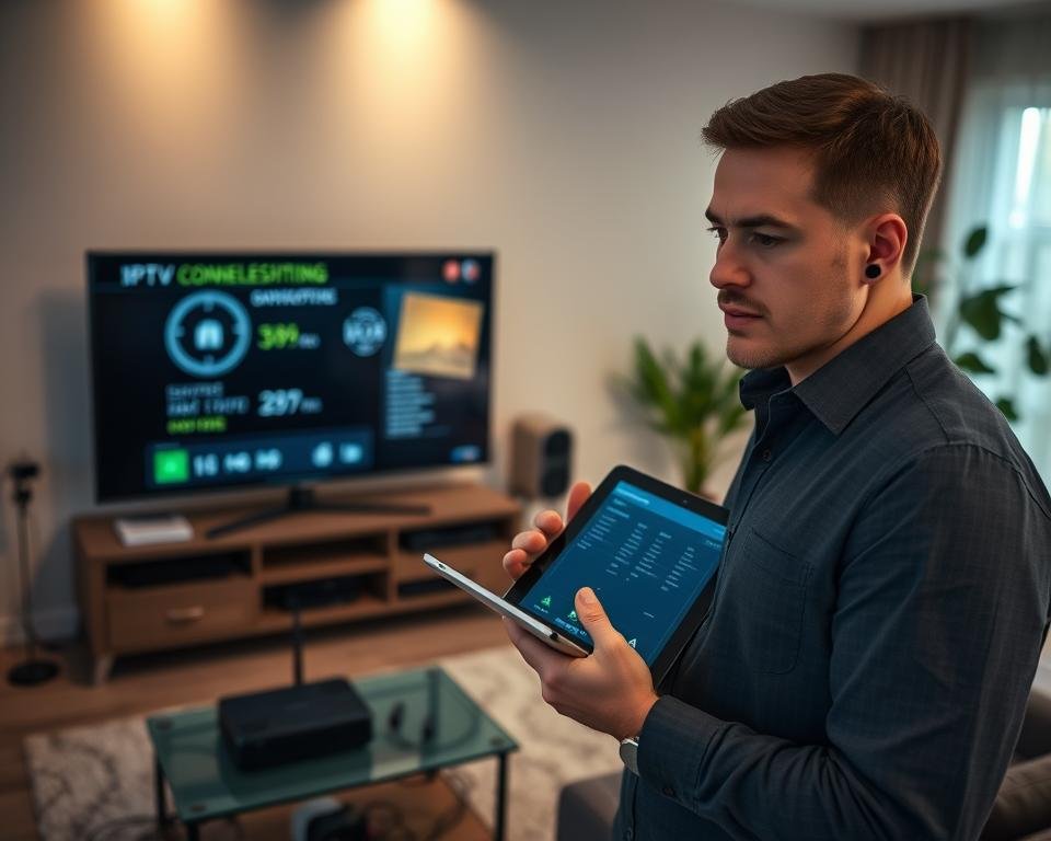 A professional technician troubleshooting IPTV issues in a modern home setting. In the foreground, a focused individual in smart casual attire, holding a tablet displaying a troubleshooting interface, with a thoughtful expression. In the middle ground, a sleek entertainment setup featuring a large screen showing connection diagnostics, surrounded by various cables and a router. The background showcases a cozy living room with soft ambient lighting, casting a warm glow. A large window lets in natural light, creating a sense of daytime activity. The overall mood is one of problem-solving and professionalism, emphasizing the practical solutions related to IPTV issues.