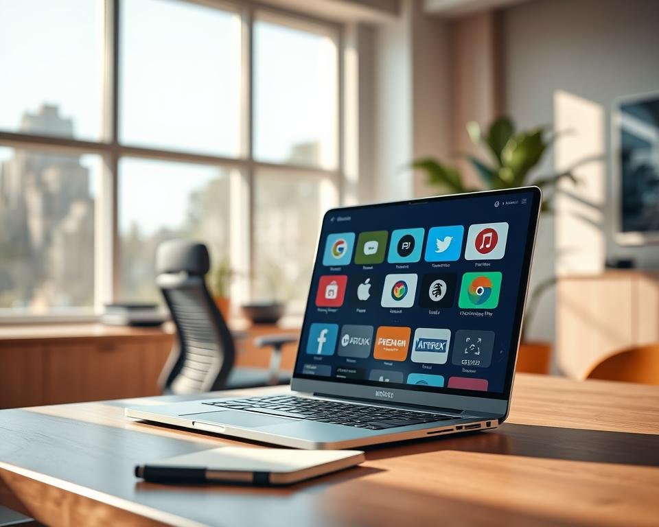 A professional workspace featuring a sleek laptop displaying multiple streaming application icons, symbolizing alternatives to IPTV Smarters Pro. In the foreground, there is a modern desk with a stylish ergonomic chair and a notepad, emphasizing productivity. The middle ground showcases a vibrant screen with colorful streaming app logos, reflecting diversity and choice in content. In the background, large windows allow natural light to flood the room, creating a bright and inviting atmosphere. Soft shadows enhance the sleek design aesthetic, while a potted plant adds a touch of freshness. The overall mood is inspiring and focused, ideal for exploring digital alternatives in streaming services. The angle captures the essence of modern technology and connectivity, with a warm, professional ambiance.