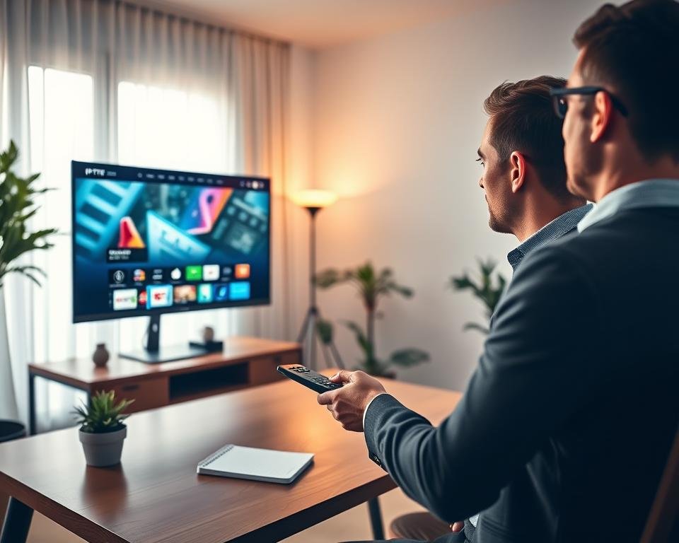 A serene and modern home office setting, showcasing a sleek computer monitor displaying vibrant IPTV streaming content in action. In the foreground, a professional in smart casual attire is engaged with the display, using a wireless remote, exuding a sense of focus and excitement. The middle ground features a stylish desk adorned with a small potted plant and a notepad, indicating an active evaluation of the IPTV service. The background is a softly illuminated room with a large window allowing natural light to filter in, casting a warm glow across the space. The overall atmosphere is one of productivity and innovation, emphasizing the benefits of free IPTV testing. The angle captures the entire scene from a slightly elevated perspective, ensuring clarity and depth without any distractions.
