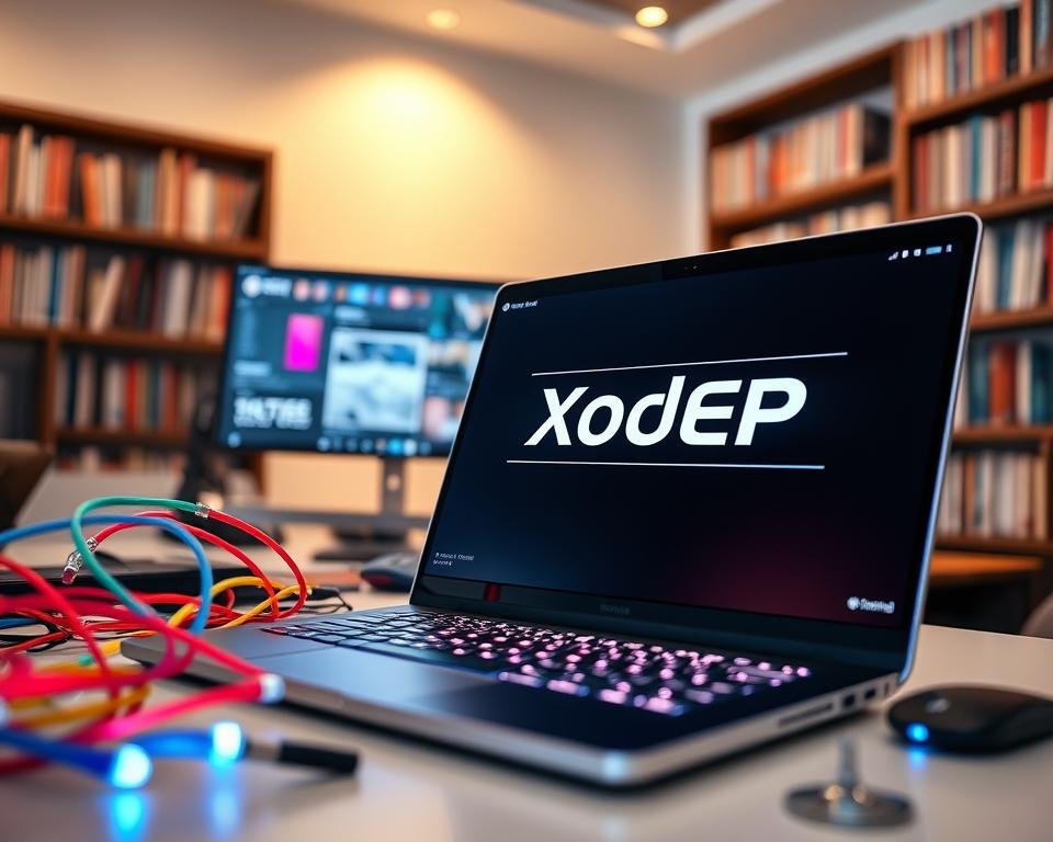 A serene digital workspace, showcasing a modern computer setup displaying the "Xtream Codes API" interface on the screen, in sharp focus. The foreground features a sleek laptop with a glowing keyboard, surrounded by vibrant color-coded cables symbolizing connectivity and technology. The middle ground includes a stylish desk, equipped with an elegant monitor streaming IPTV content, with a subtle reflection of ambient light. In the background, a softly blurred view of bookshelves filled with technical books on programming and IPTV, creating a professional atmosphere. The lighting is bright yet warm, creating an inviting mood, and the angle is slightly above eye level, providing a comprehensive view of the setup. The entire scene conveys a sense of innovation and advanced technology in the IPTV domain.