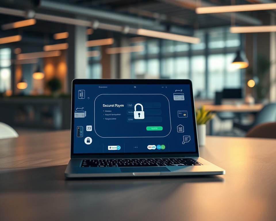 A serene, modern online payment scene focused on secure digital transactions. In the foreground, a stylish laptop displaying a secure payment interface with a lock symbol highlighted. Surrounding the laptop, an array of payment options like credit cards, digital wallets, and smartphone icons, all depicted with professionalism. The middle ground features a sleek, well-organized workspace with soft shadows and warm lighting that conveys a sense of security and trust. In the background, a blurred view of a contemporary office space, suggesting a technological environment. The overall mood is calm and reassuring, emphasizing security and flexibility in online payments. The image should have a soft focus to create an inviting atmosphere without any textual elements.