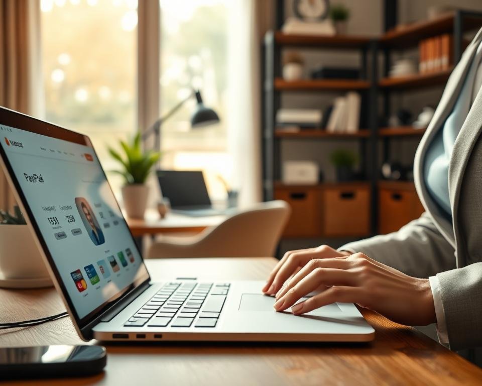 A serene online shopping scene depicting secure payment methods. In the foreground, a modern laptop with an intuitive e-commerce interface showcasing various payment options like credit cards, PayPal, and digital wallets. Beside the laptop, a pair of hands in professional business attire are poised over the keyboard, suggesting action. In the middle ground, a cozy home office setting with a stylish desk and potted plant creates a relaxed atmosphere. Soft, natural lighting filters through a window, casting gentle shadows and enhancing the inviting mood. The background is subtly blurred, featuring shelves with books and tech gadgets, emphasizing the focus on secure online transactions. The image conveys trust and safety in digital payments.