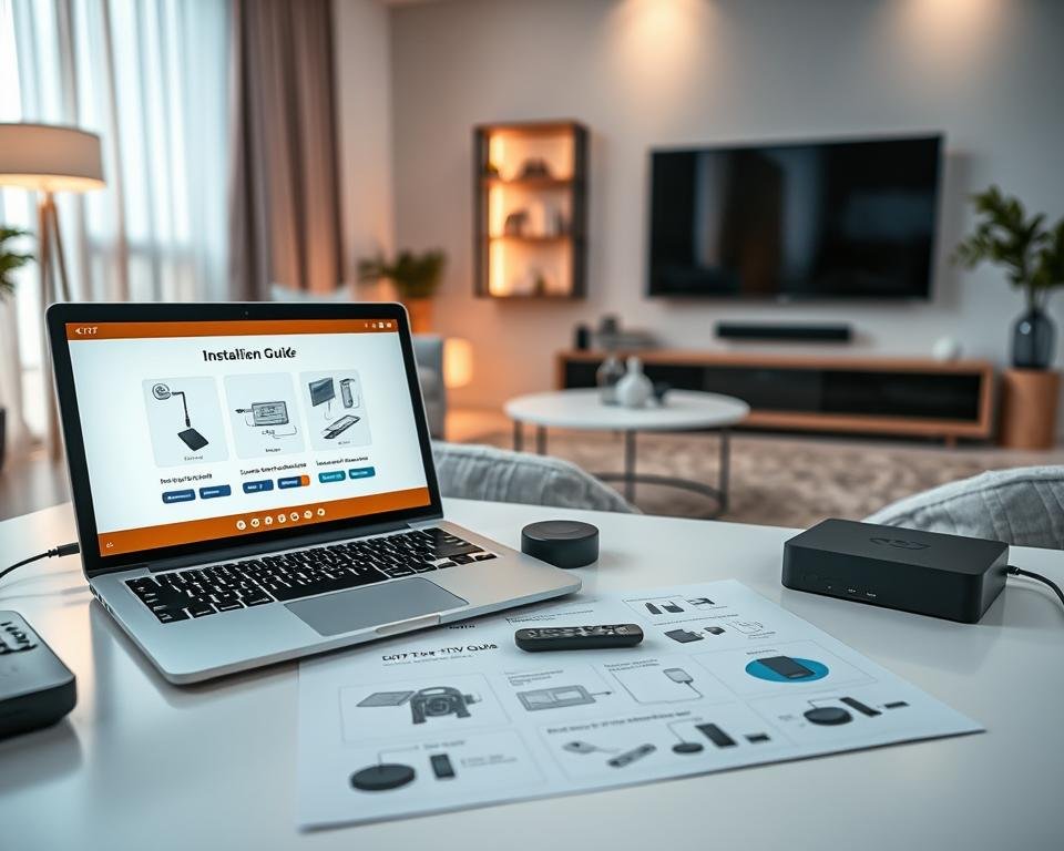 A simplified installation guide for IPTV, featuring a visually engaging layout. In the foreground, a neatly arranged workspace with a modern laptop displaying a clear installation interface, surrounded by various high-tech devices like a smart TV, a streaming box, and remote controls. The middle ground includes step-by-step illustrated instructions on colorful paper, showcasing key components like cables and connectors. The background features a cozy living room setting with a contemporary sofa and a large TV mounted on a wall, lit by soft, ambient lighting to create a warm, inviting atmosphere. The image should convey clarity and ease of use, with a professional and informative vibe. Use a wide-angle lens to capture the entire scene effectively.
