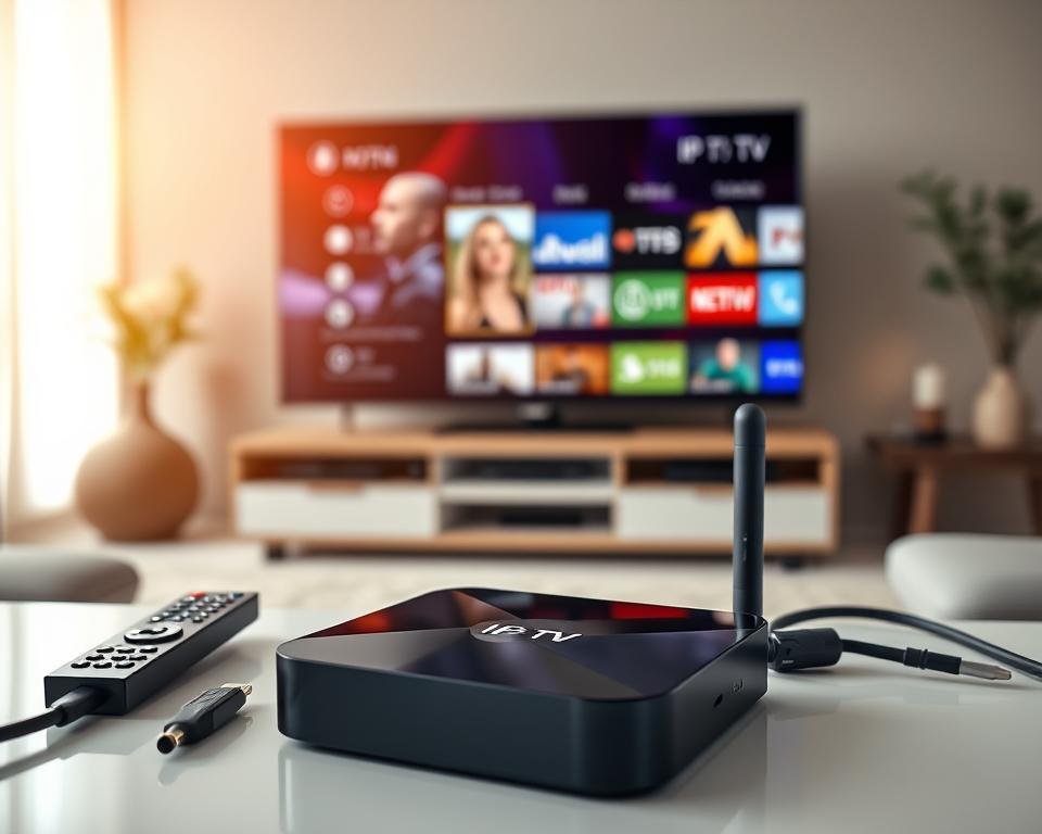 A sleek Android TV box sits prominently in the foreground, showcasing its compact design and modern aesthetic with a glossy black finish. Surrounding the device are a few connected accessories, such as a remote control and HDMI cables, all neatly arranged to emphasize usability. In the middle ground, a high-resolution monitor displays a vibrant IPTV interface, demonstrating various streaming options. Soft, ambient lighting creates a cozy home entertainment atmosphere, highlighting the details of the setup. The background includes a stylish living room with a comfortable sofa and subtle decor elements, enhancing the scene's homely feel. Shot from a slightly elevated angle, the image captures the essence of modern home media configuration, inviting and informative without any text or distractions.