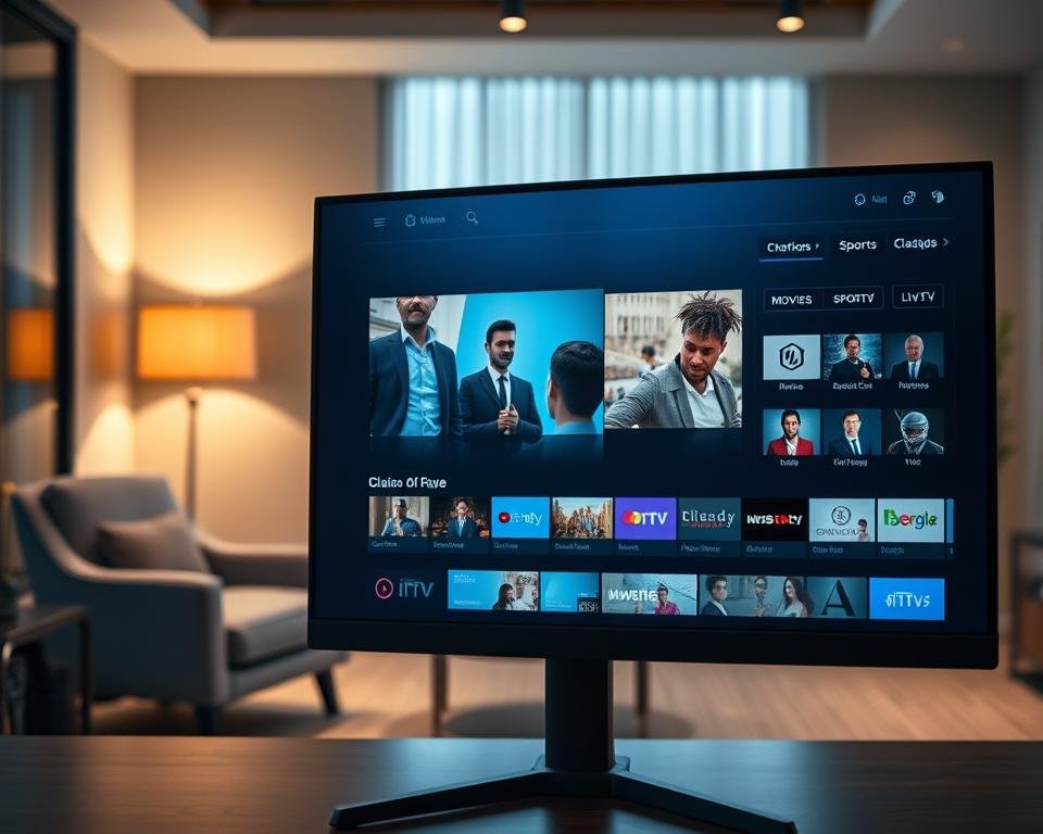 A sleek and modern IPTV Streaming Pro interface displayed on a high-resolution computer screen. The foreground features user-centric elements like vibrant channel icons, a vivid video playback window showcasing a popular show, and an easy-to-navigate menu bar with various categories such as Movies, Sports, and Live TV. In the middle ground, a subtle reflection of a stylish office environment can be seen, with a plush armchair and a coffee table in muted tones, suggesting comfort and relaxation. The background consists of soft ambient lighting that creates a warm and inviting atmosphere. The overall mood is professional yet inviting, emphasizing the ease and appeal of using the IPTV Streaming Pro service, captured from a slightly elevated angle to showcase the interface in detail.