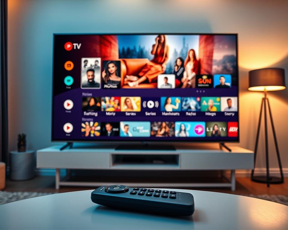 A sleek and modern IPTV interface displayed on a large flat-screen TV in a stylish living room setting. In the foreground, a remote control rests on a minimalist coffee table. The middle layer features a vibrant navigation menu with colorful thumbnails representing various streaming categories like movies, series, and news, expertly arranged in a user-friendly layout. The background showcases cozy, ambient lighting, with soft shadows cast from a floor lamp. The scene conveys a welcoming atmosphere, inviting users to explore streaming content. Utilize a warm color palette, with a focus on soft blues and greens, and capture the image from a slightly elevated angle for a comprehensive view of the interface. A sleek and modern IPTV interface displayed on a large flat-screen TV in a stylish living room setting. In the foreground, a remote control rests on a minimalist coffee table. The middle layer features a vibrant navigation menu with colorful thumbnails representing various streaming categories like movies, series, and news, expertly arranged in a user-friendly layout. The background showcases cozy, ambient lighting, with soft shadows cast from a floor lamp. The scene conveys a welcoming atmosphere, inviting users to explore streaming content. Utilize a warm color palette, with a focus on soft blues and greens, and capture the image from a slightly elevated angle for a comprehensive view of the interface.