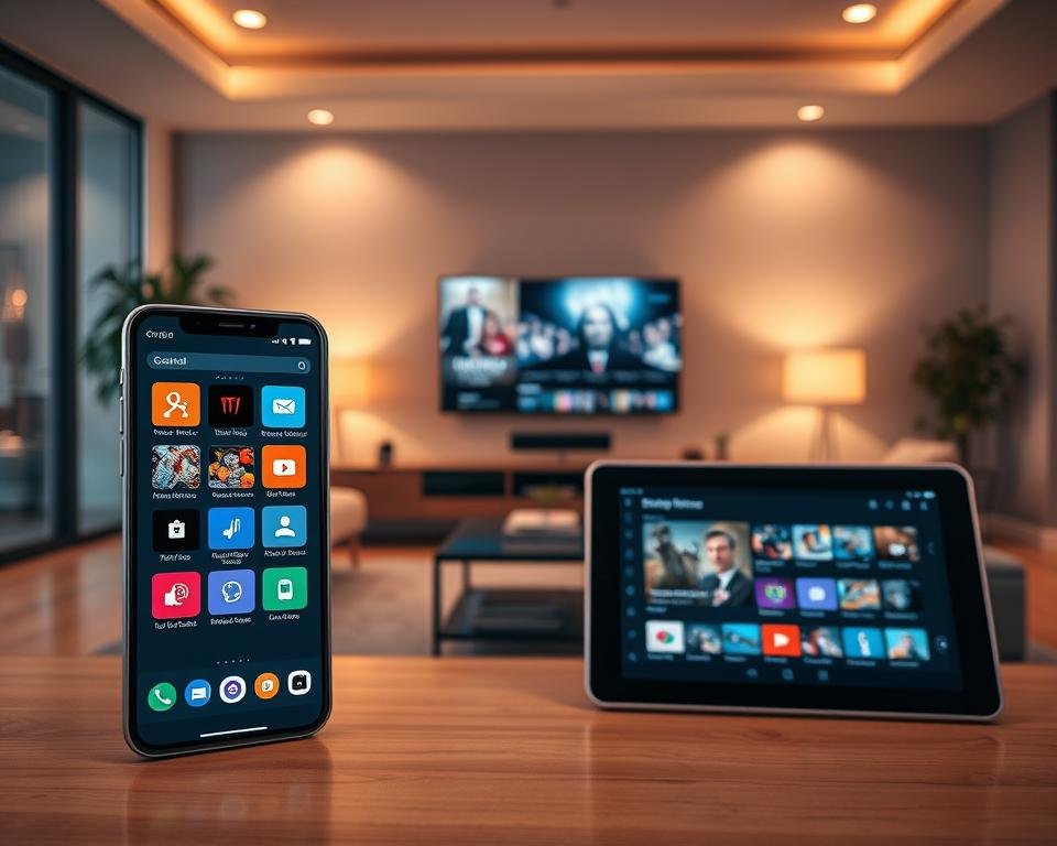 A sleek and modern digital interface showcasing IPTV Smarters Pro. In the foreground, display a user-friendly smartphone and tablet with vibrant screens illustrating the app’s intuitive layout and features. The middle ground features a stylish modern living room, complete with a flat-screen TV seamlessly streaming content from the app. In the background, soft ambient lighting enhances the inviting atmosphere, creating a cozy and sophisticated viewing environment. Use a wide-angle lens perspective to capture the entire setting, with warm, inviting colors to evoke a sense of comfort and enjoyment. The mood should be professional yet relaxed, emphasizing the convenience and advantages of choosing IPTV Smarters Pro for an ideal TV solution.